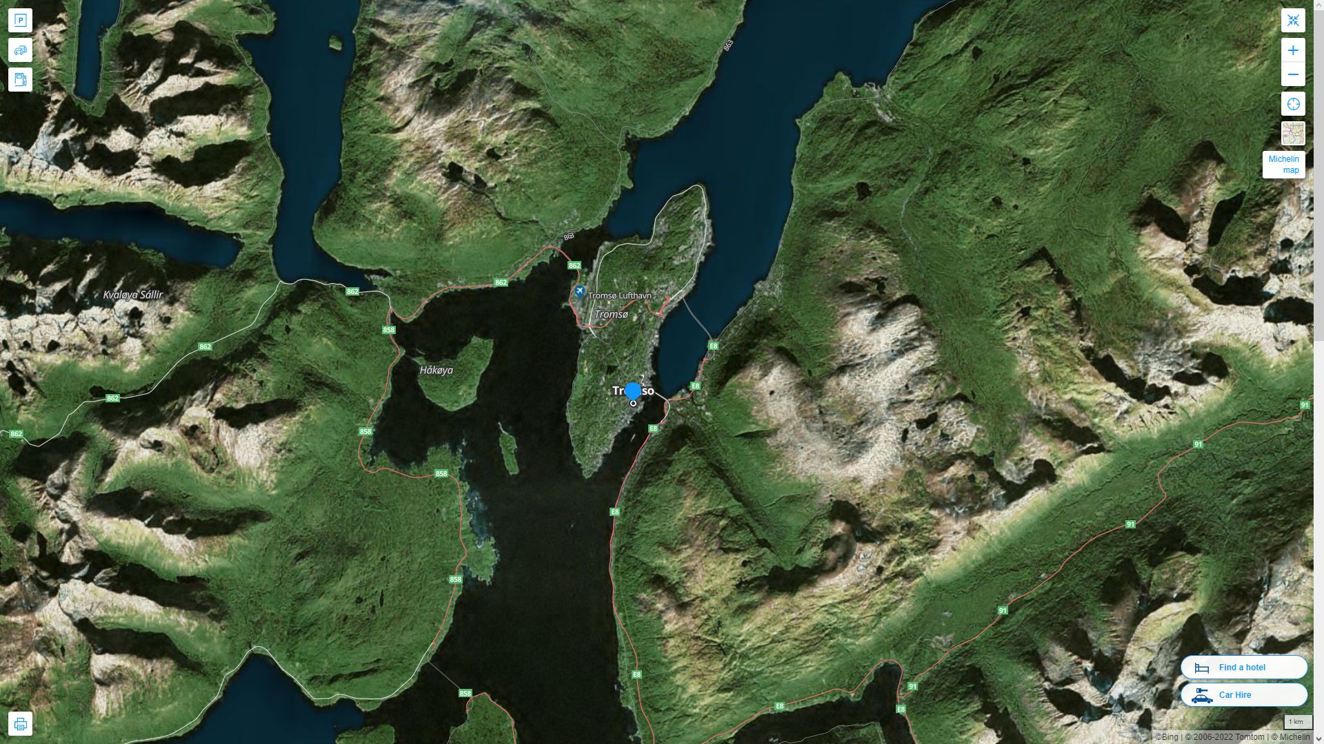 Tromso Norvege Autoroute et carte routiere avec vue satellite